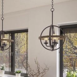 Best Pirce 😍 Patriot Lighting® Elegant Home Brooklyn Natural Iron & Distressed Faux Wood 3-Light Pendant ⭐ -Patriot Lighting Sales 3518368 Alt2