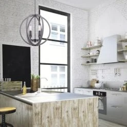 New ✨ Patriot Lighting® Elegant Home Hendy Black Stainless Steel & Faux Wood 4-Light Pendant 🎁 -Patriot Lighting Sales 3518512 LIFE